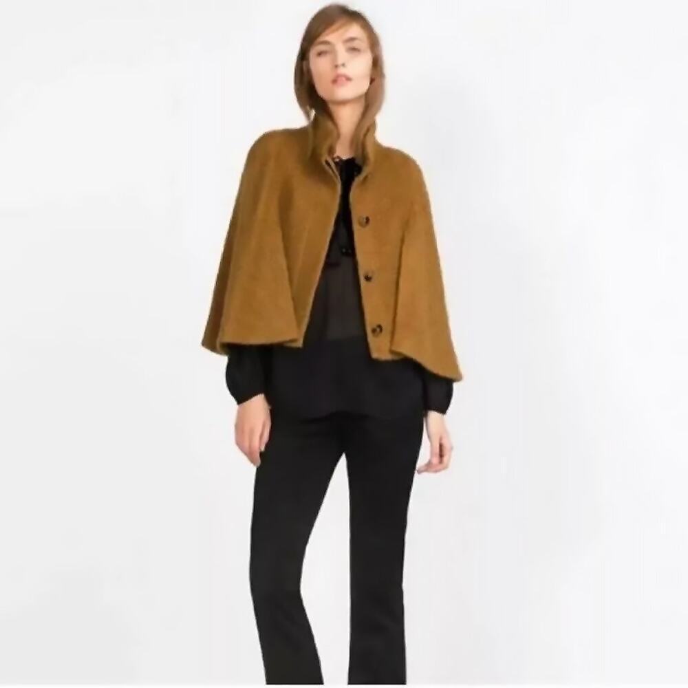 Zara Woman Women's Camel‎ Tan Mohair Blend Cape Jacket Shrug Button Up Front
